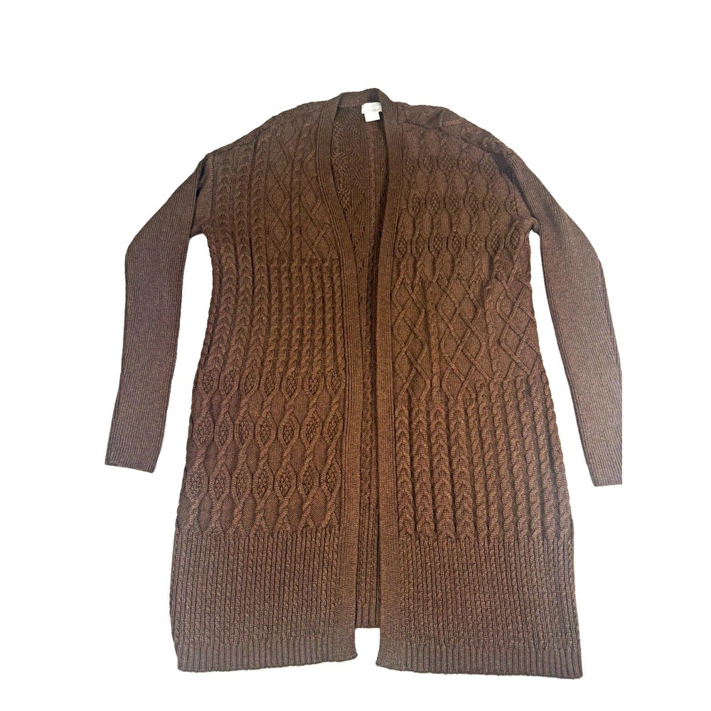 Women's Chocolate Brown Cable-Knit Open Front Long Sleeve Cardigan Sweater